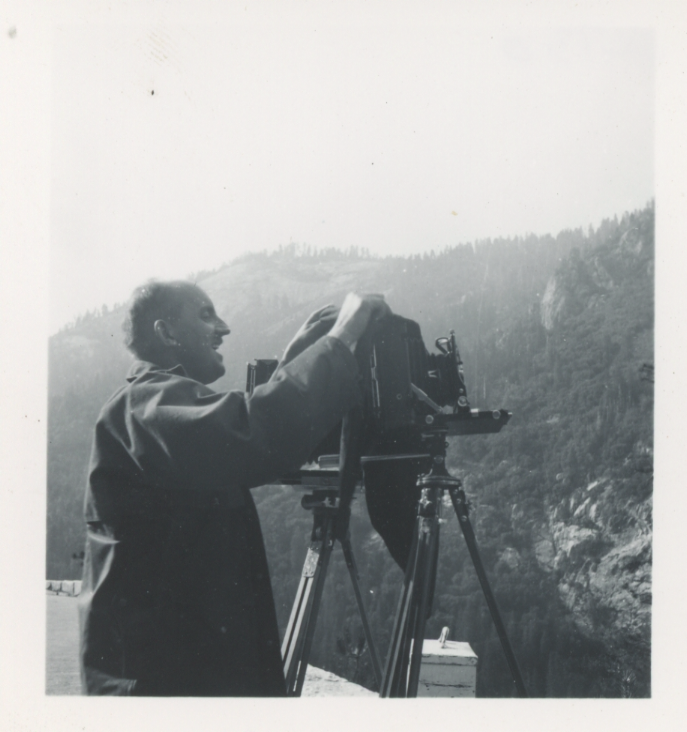 AAphotographingYosemite1943, Ansel Adams photographing in Yosemite, 1943. Photo courtesy of the Adams’ family archives.