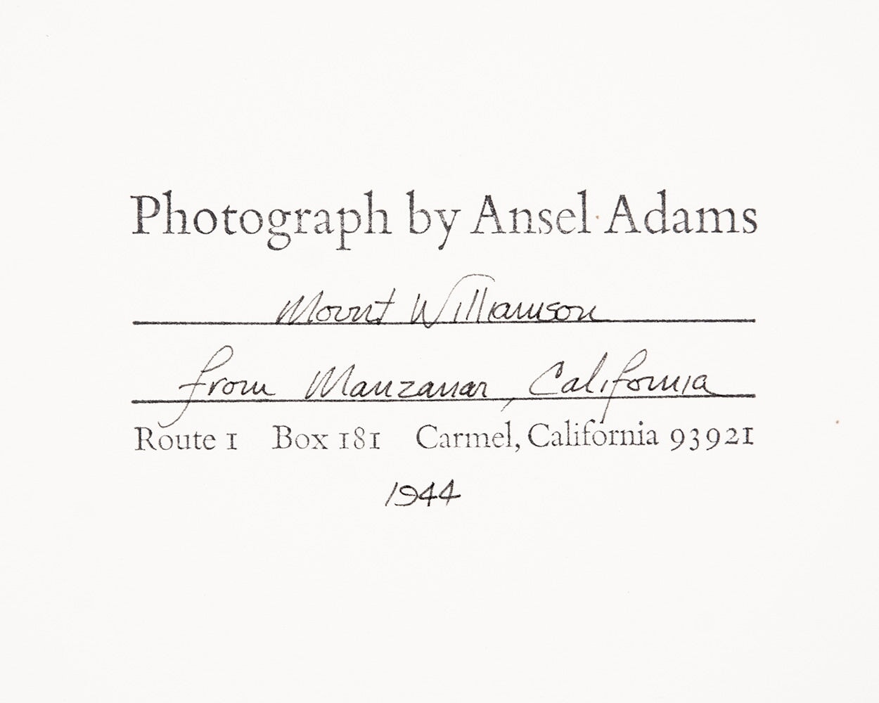 Mt. Williamson from Manzanar Original Photograph Ansel Adams 