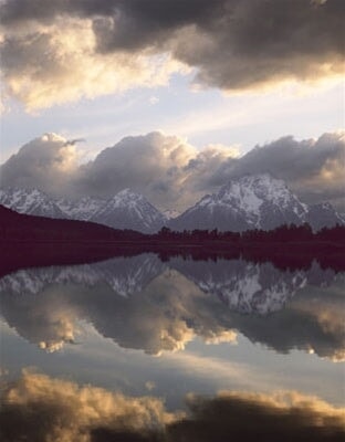Cloud reflections and Mt Moran at the Oxbow Bend on the Snake River, Grand Teton National Park, Wyoming  1990