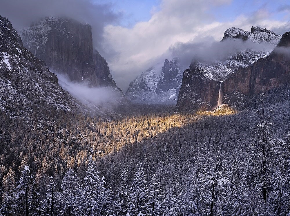 Spotlight on Bridalveil Fall from Tunnel View, Yosemite.