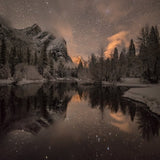 Stars, Mist, Three Brothers and the Merced River, Yosemite National Park.