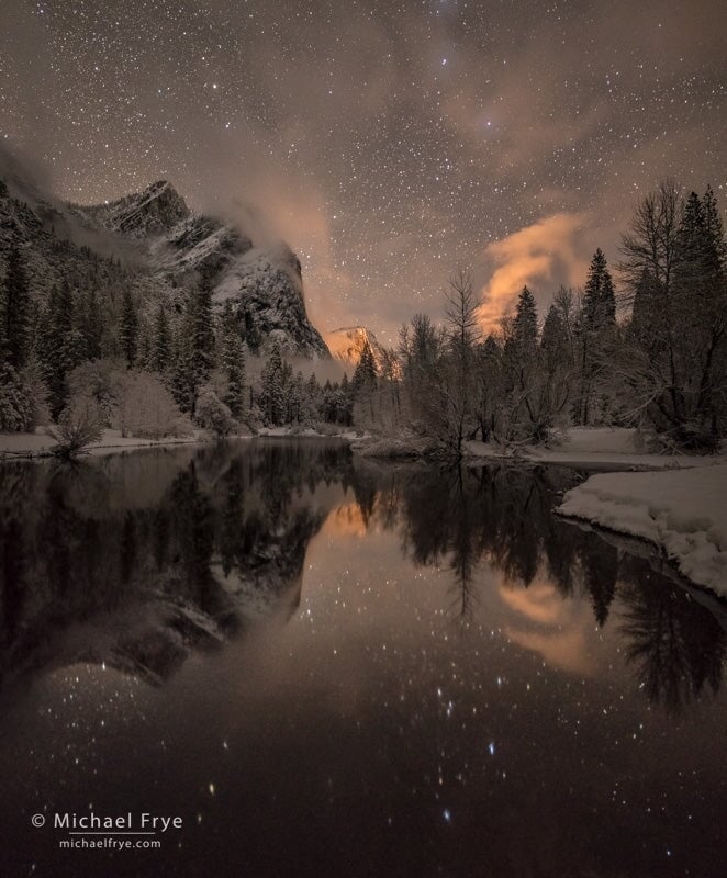 Stars, Mist, Three Brothers and the Merced River, Yosemite National Park.